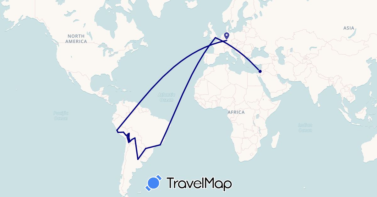 TravelMap itinerary: driving in Argentina, Bolivia, Brazil, Germany, United Kingdom, Israel, Peru (Asia, Europe, South America)